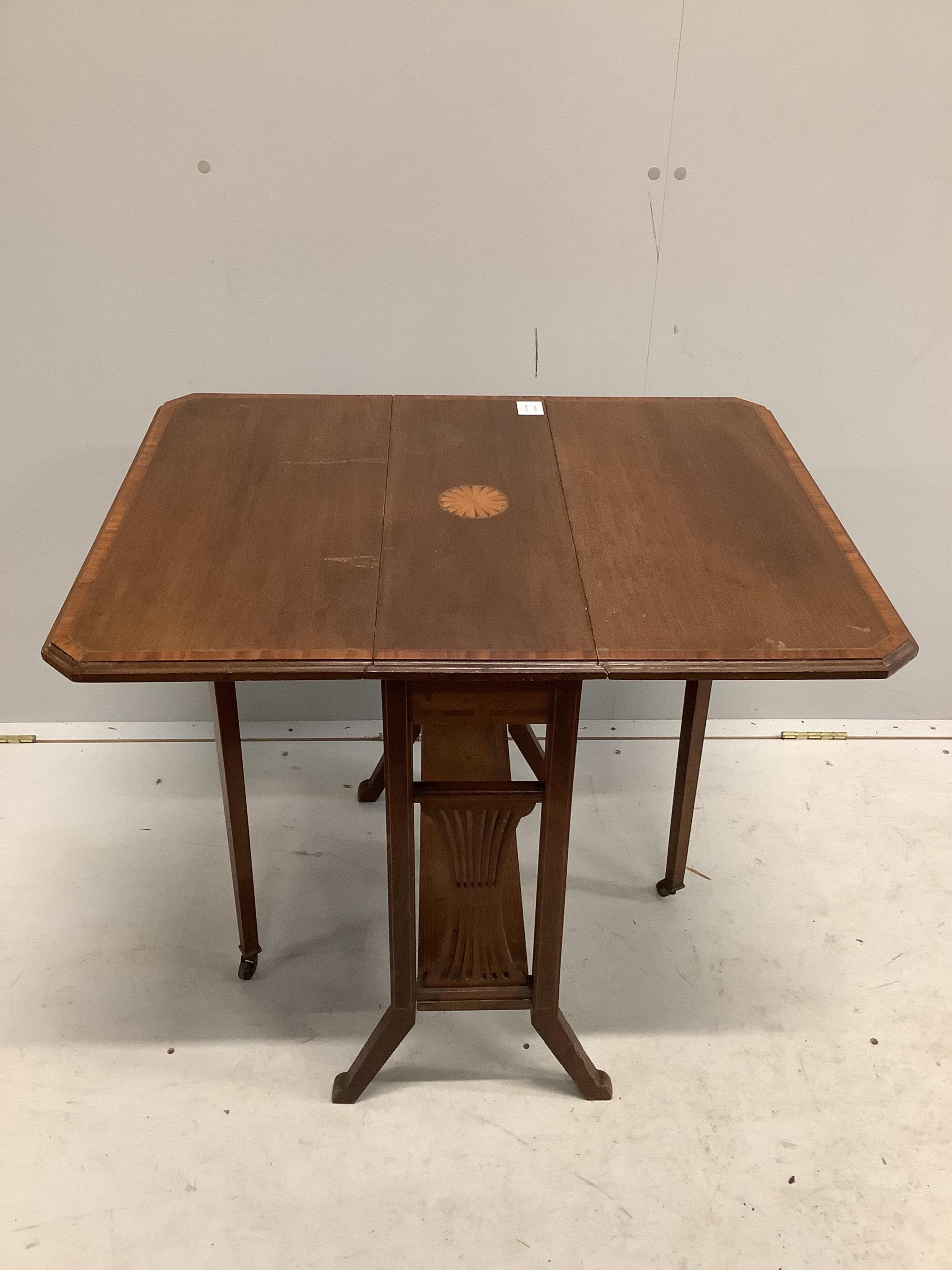 An Edwardian inlaid mahogany Sutherland table, width 60cm, depth 21cm, height 65cm. Condition - fair